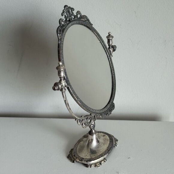 Italian Die Cast Ornate Brass Table Swing Mirror In Silver Finish - Picture 6 of 9